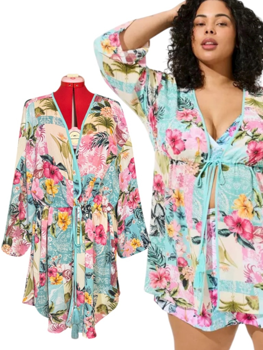 Torrid Pink and Blue  Floral Shirttail Swim Cover-Up Kimono Jacket Size 5/6